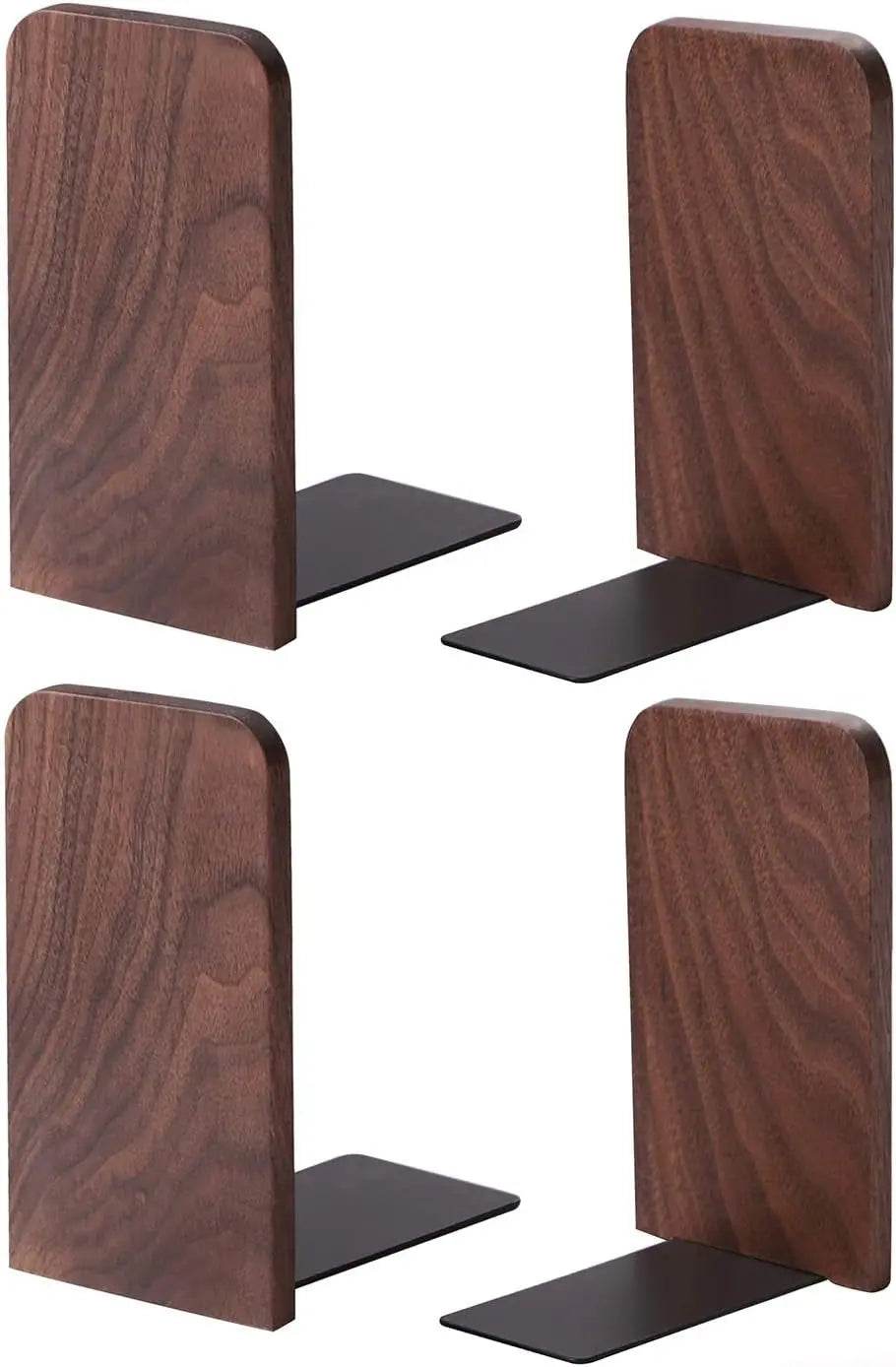 Book Ends for Shelves, Non-Slip Bookends, Heavy Duty Wooden Bookend Support for Books and Movies (Walnut 2 Pairs) - Literary Sanctuary